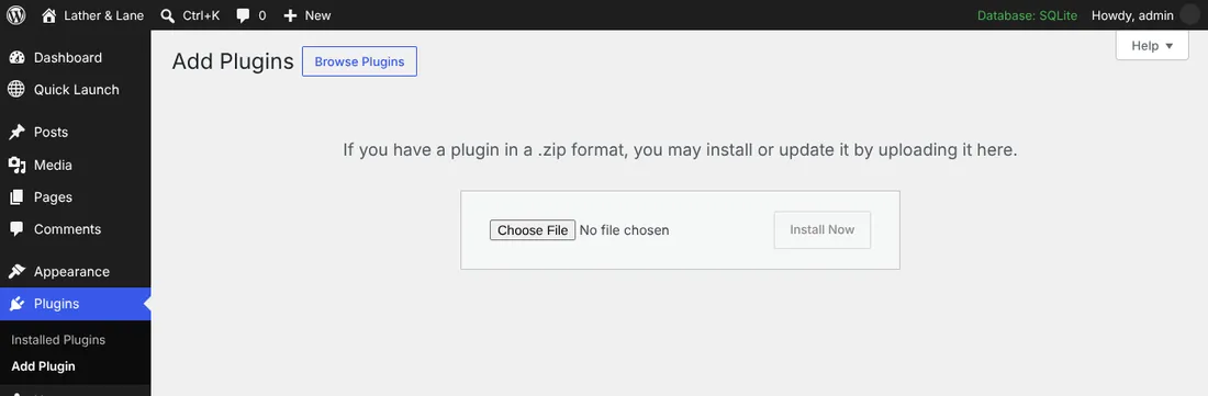 WordPress's Add Plugins screen with Upload Plugin: Choose File, then Install Now