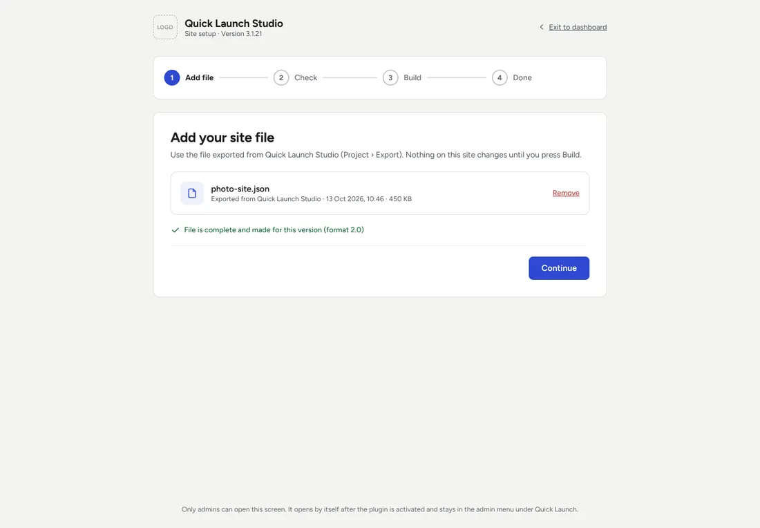Quick Launch Studio's site setup: Add file, with the site file chosen