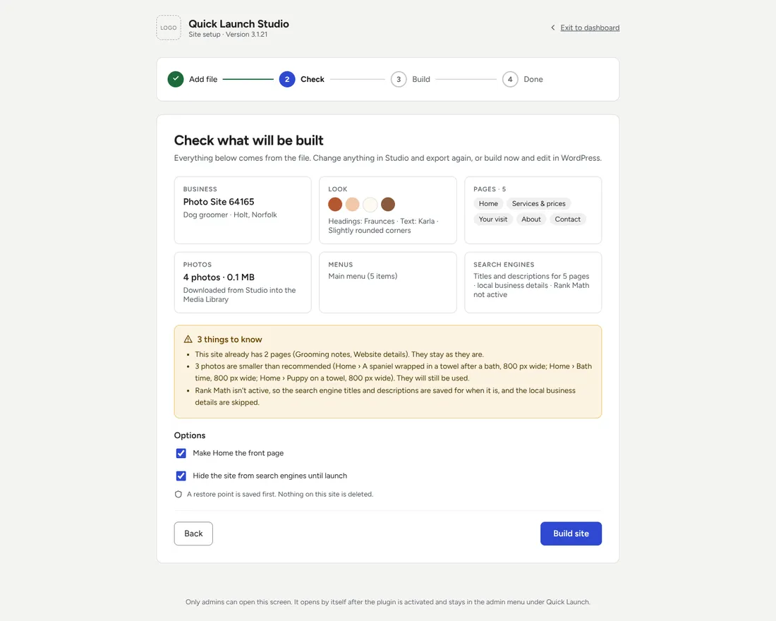 Check what will be built: business, look, pages, photos, menus and search engines
