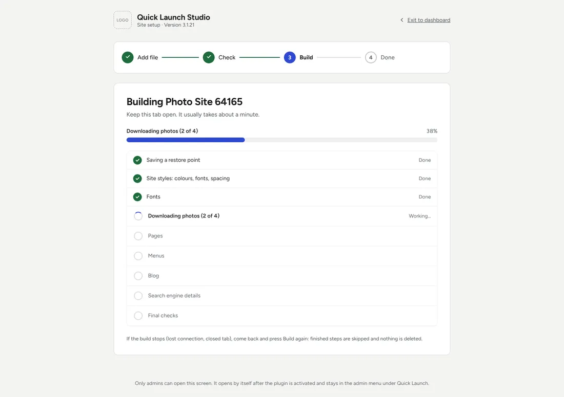 The build in progress, with each task ticked off