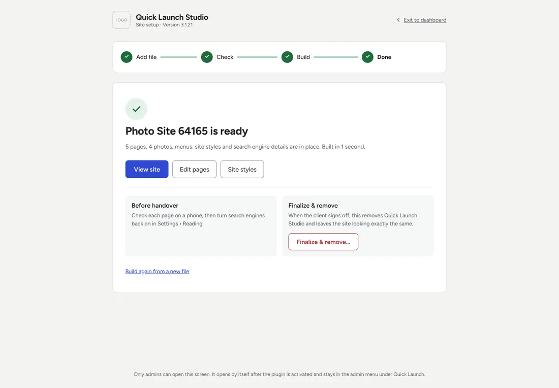 Done: your site is ready, with View site, Edit pages and Site styles